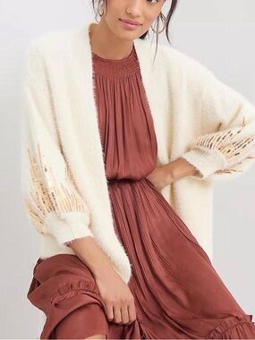 Anthropologie Akemi + Kin Boho White Ivory Stella Gold Sequin Cardigan O/S